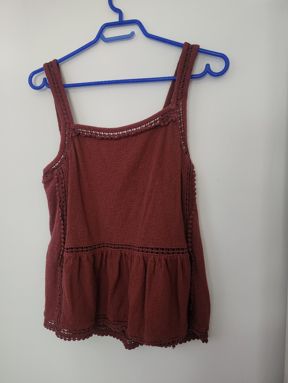 Point Sur Rust Brown Cotton Tank Top Small Square Neck Lace Ruffle, Fall Autumn